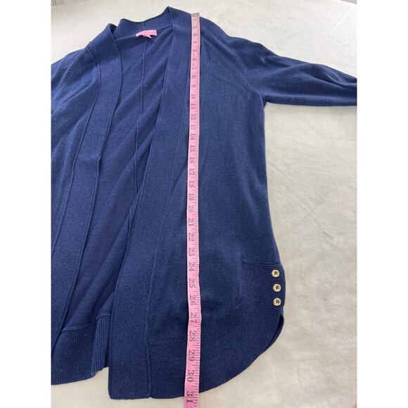 Lilly Pulitzer Micaila Cardigan Sweater Navy Metallic Open Longline Tulip Hem - Picture 11 of 11